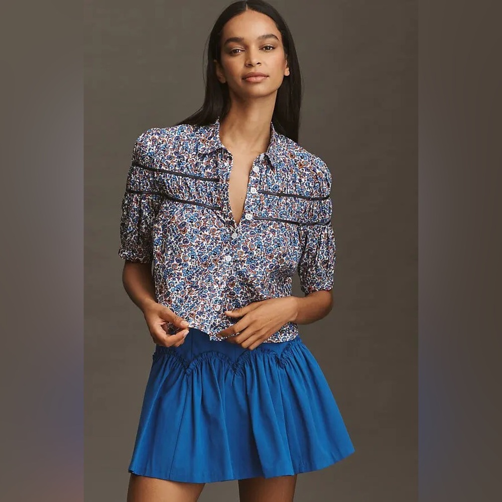 The Leandra Shirred Yoke Blouse By Maeve Anthro Floral Navy XXS NWT Cotton